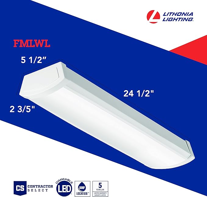 Lithonia Lighting 2 Foot LED Light Fixture, Low-Profile LED Wraparound Flush Mount Ceiling Light, 4000K Cool White, 120V, 24-Inch (FMLWL 24 840)