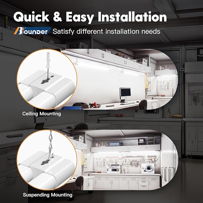 BBOUNDER 4 Pack Linkable LED Utility Shop Light, 4400 LM, Super Bright 6500K Cool Daylight, 4 FT, 48 Inch Integrated Fixture for Garage, 40W Equivalent 250W, Surface + Suspension Mount, White