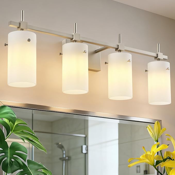 SOLFART 4 Light Bathroom Vanity Lights Over Mirror, Vintage Bathroom Lighting Brushed Nickel Wall Sconce with Milky White Glass Shade