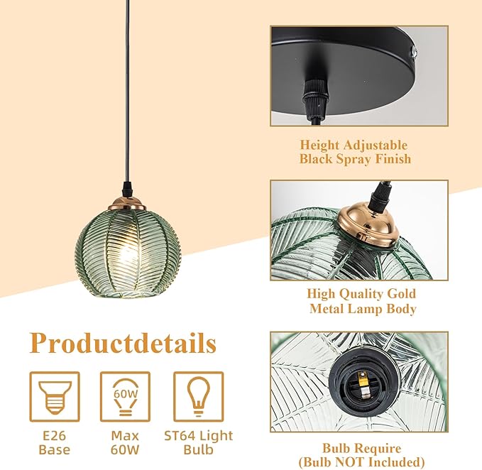 Small Pendant Light Island Pendant Lights for Kitchen Hand Blown 1-Light Globe Glass Pendant Light with Green Ribbed Shade mid Century Pendant lamp for Dining Room Bedroom