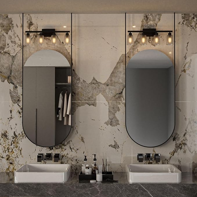 Lightdot 4-Light Bathroom Light fixtures, Modern Vanity Light with Frosted Glass Shade, 26.5IN Black Wall Lamp for Bathroom Kitchen Living Room Hallway Cabinet Porch, E26 Base-1PN