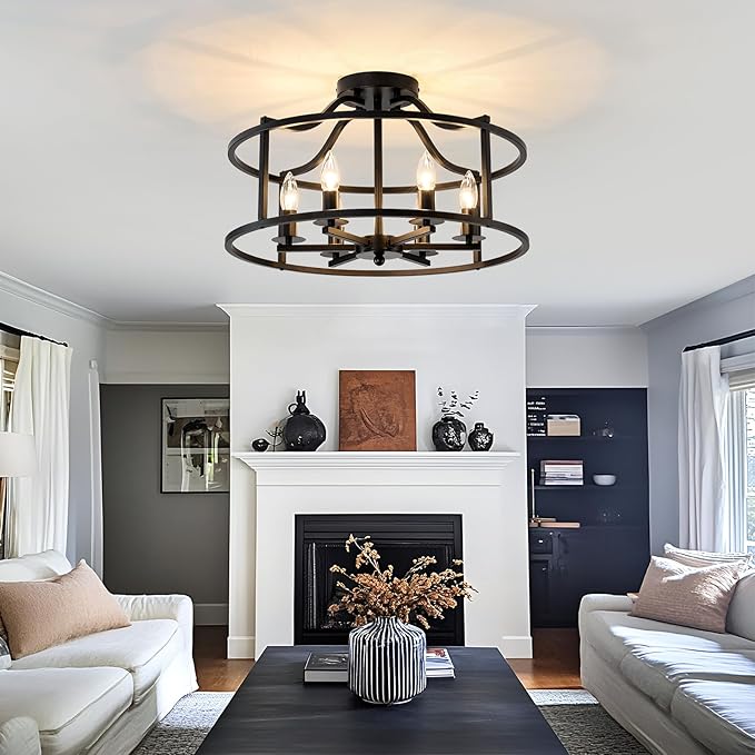UOFUS Black Farmhouse Chandelier 6-Light Metal Dining Room Light Fixture Modern Industrial Semi Flush Mount Ceiling Light Fixture for Kitchen Island Bedroom Entryway Hallway Foyer E12 Base