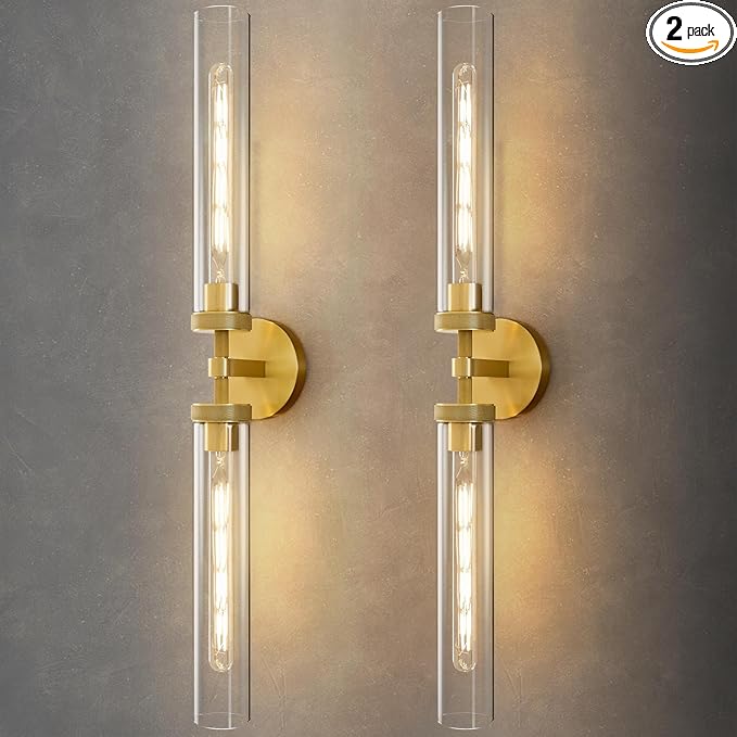 Knurled Brass Tube Wall Sconce - Set of 2 Luxury Modern Dimmable Sconces with Bulbs - Gold Glass Vanity Light Fixture - Vertical or Horizontal Mounted Indoor Lighting for Bathroom Bedroom Living Room