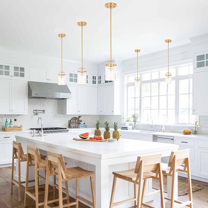 ALICE HOUSE 3 Pack Mini Modern Pendant Lights for Kitchen Island, Brushed Brass Glass Hanging Lamp, Contemporary Coastal Pendant Lighting for Dining Room, ETL Listed, AL2218-P3