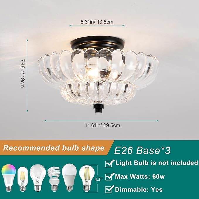 Semi Flush Mount Ceiling Light, Vintage Glass Close to Ceiling Light Fixtures with 3 Lights, Modern Black Flush Mount Ceiling Lights for Hallway, Bedroom, Kitchen, Living Room