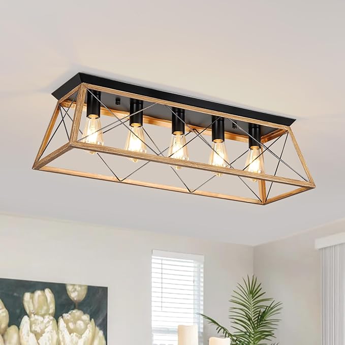 31.5" Flush Mount Ceiling Light Fixture, 5-Light Vintage Industrial Cage Chandelier for Dining Room, Kitchen Island, Living Room, Dimmable Semi Flush Mount Close to Ceiling Lighting, Walnut Finish