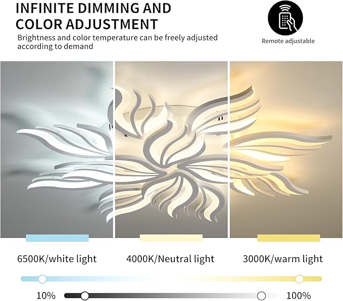 Becailyer Modern Ceiling Light, 40.5" LED Flush Mount Flower Ceiling Lamp, 12-Petals 100W Dimmable Remote Control Close to Ceiling Light Fixtures for Living Room Bedroom Dining Room Kitchen, White