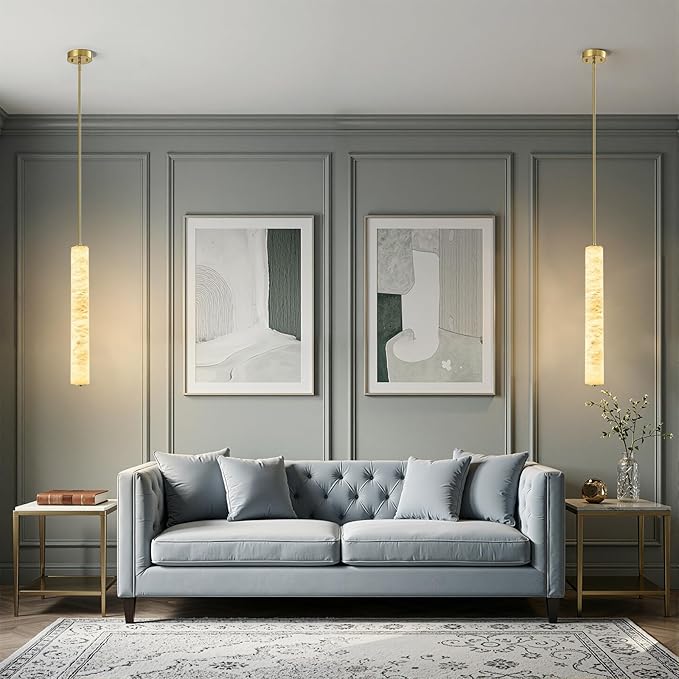 LMQNINE Natural Alabaster Pendant Lights White Marble 24" Long Tube Adjustable Boom Chandelier Modern 3000K Gold Ceiling Light for Kitchen Island Bedroom Dining Room Living Room Hallway(M-1Pack)