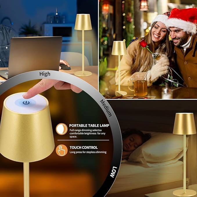 IMQSQIK 2 Pack Cordless Table Lamp, 5000mAh Portable Rechargeable LED Desk Lamp (Gold)