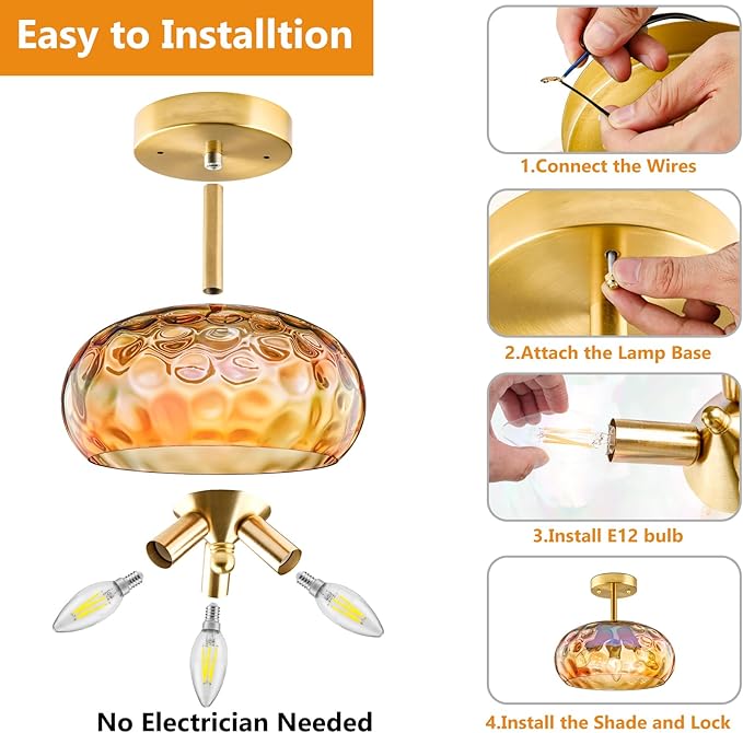 Vintage Ceiling Light Fixture, 12''& 3-Light Amber Indoor Semi Flush Mount Ceiling Light, Brass Rainbow Lampshade for Farmhouse, Bedroom, Kitchen, Living Room, Hallway Bulbs Not Included