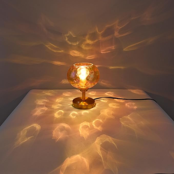 Touch Control Hammered Glass Table Lamp Brass Gold Portable Dimmable Brightness Small Nightstand Light 3-Way Stepless Dimming Bedside Bedroom Living Room (Colorful Amber Glass & Gold)
