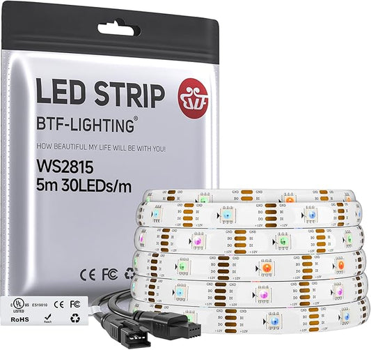 BTF-LIGHTING WS2815 (Upgraded WS2812B) LED Strip Light,UL Listed,16.4FT 150 LED/Pixels,Flexible Chasing RGB,Dual Signal Individually Addressable,5050SMD,3M Tape,DC12V IP65(No Adapter or Controller)