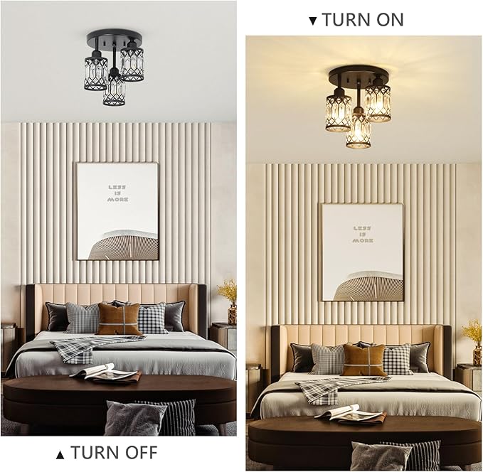 Semi Flush Mount Ceiling Light,3-Light Modern Crystal Close to Ceiling Light Fixtures, Black Kitchen Light Fixtures with Clear Crystal Shade,Hallway Light Fixtures for Hallway Bedroom Bathroom