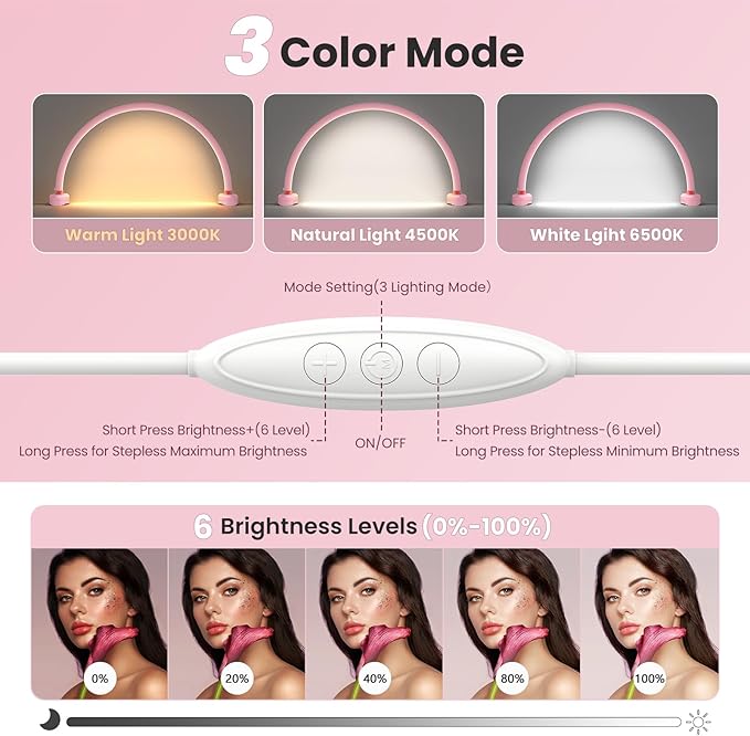 Yokilly Arc Half Moon Light: 16" Half Moon Light with Foldable Bracket for Desk Salon Table Use - No Flicker & Shadow-Free Desk Lamp with Stepless Brightness 3000-6500K for Manicurist Nail Tech