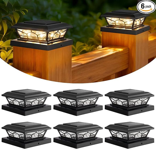 Brightever 4x4 3.5x3.5 Solar Post Cap Lights, 6-Pack Solar Powered Fence Post Light Outdoor Waterproof for Vinyl/Wooden Post, 2 Modes(Warm/Cool Light), Black Solar Deck Post Lights for Patio, Porch