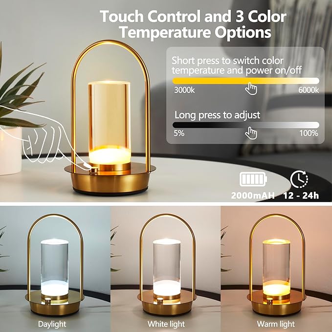 Cordless Table Lamp, 3-Color & Stepless Dimming with Touch Control, Portable Rechargeable for Outdoor Indoor Use, Water-Resistant Desk Light for Bedroom Living Room Patio (Gold)