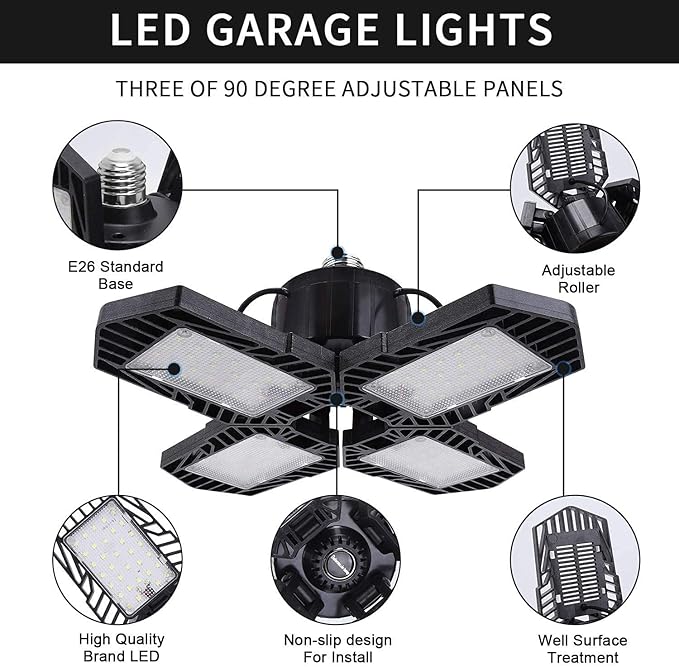 2Pack LED Garage Lights,100W Deformable LED Lighting 10000LM E26 Daylight 6000K Super Bright Adjustable Lights for Warehouse