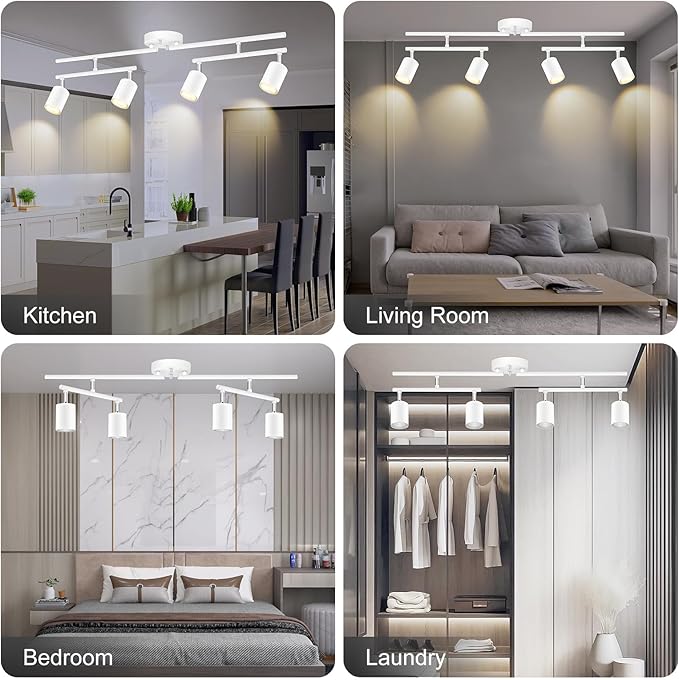 Track Lighting Fixtures Ceiling, 4-Light LED Track Lighting Kit, 30" Modern White Ceiling Spot Lighting, Flexibly Rotatable Head, Wireless Wall Light for Bedroom/Kitchen/Hallway(GU10 Socket, NO Bulb)