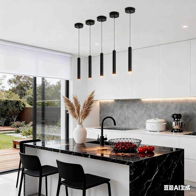 Modern Black Pendant Lights 2 Pack, LED Minimalist Pendant Lighting Fixture for Kitchen Island, Long Tube Hanging Light Cord Adjustable for Living Room Bedroom Dining Room Bar