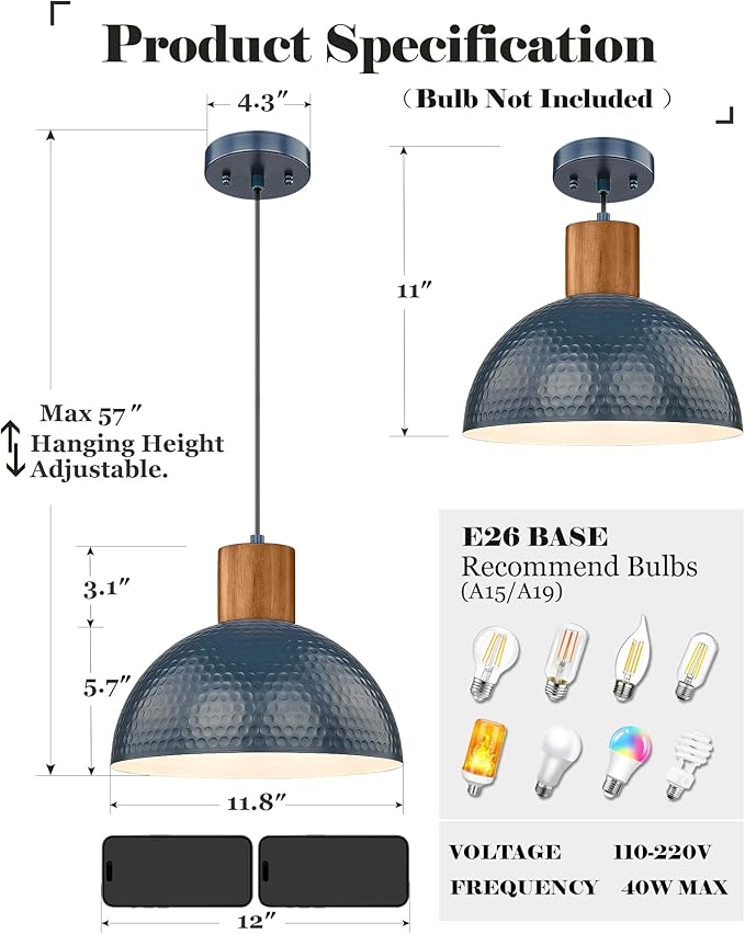 ELYONA Industrial Pendant Light 12" Hammered Metal Dome Hanging Lamp Solid Wood Pendant Light Fixtures for Kitchen Island, Farmhouse, Dining Room, Sink, Bedroom, Hallway, Modern Blue