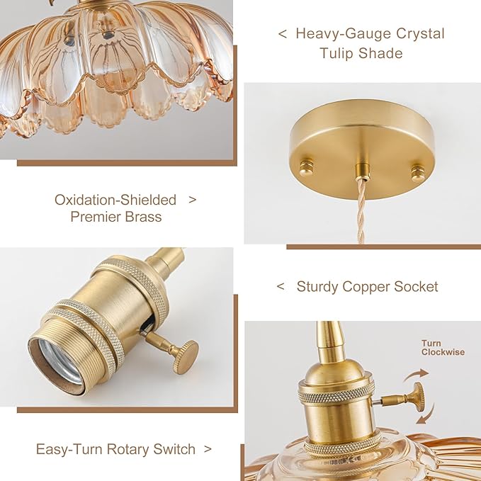 2 Pack Glass Pendant Lights Kitchen Island, Vintage Brass Pendant Light Fixtures, Adjustable Amber Kitchen Pendant Lighting Over Island for Bedroom Living Room Hallway Dining Room