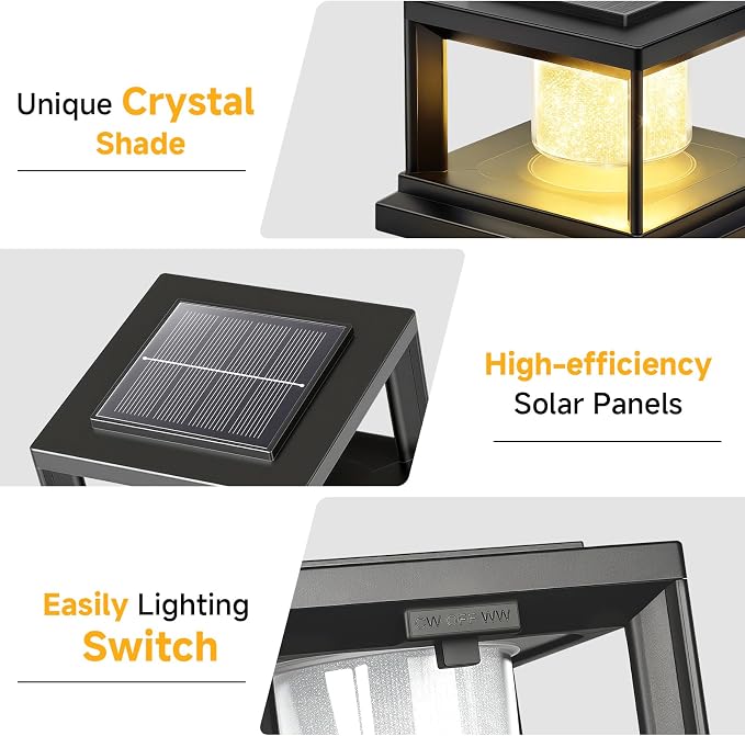 FOLKSMATE Solar Post Cap Lights 16 Pack, 2 Lighting Modes Cool/Warm White Outdoor Solar Powered, Waterproof Fence Deck Lights for 4×4 3.5×3.5 Wood Vinyl Posts, for Garden Patio Porch Decor, Black