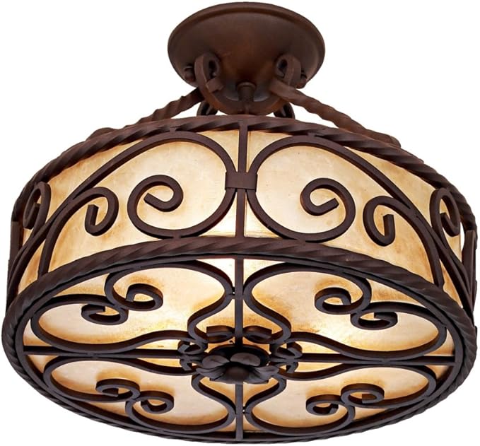 John Timberland Natural Mica Collection Rustic Ceiling Light Semi-Flush Mount Fixture Deep Walnut Scroll 15" Wide Drum Shade for House Bedroom Hallway Living Room Bathroom Dining Kitchen