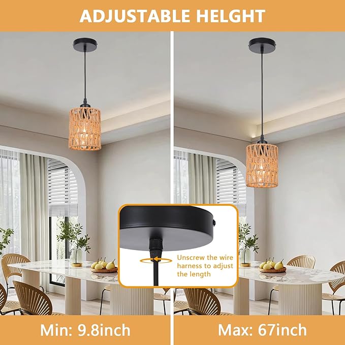 Rattan Pendant Lights Kitchen Island, 3 Pack Farmhouse Chandelier Lighting with Hand Woven Wicker Shade, Boho Pendant Light Fixtures Ceiling Hanging for Dining Room Bedroom Foyer Hallway