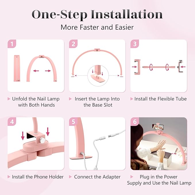 Yokilly Half Moon Light for Nail Desk: 29" Foldable Half Moon Nail Desk Lamp with Phone Holder for Beginner - Arch Tech Light with 3 Color Modes & 10 Brightness for Manicure Salon (Pink)
