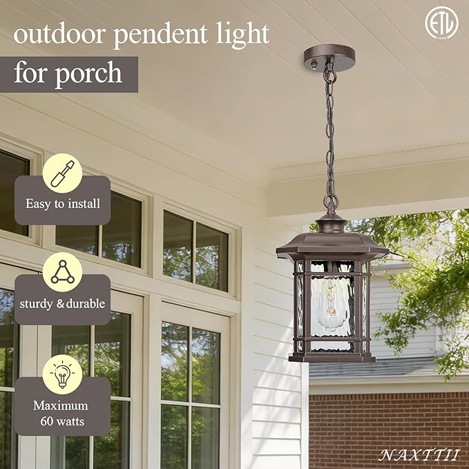 Waterproof Outdoor Hanging Lantern Light 13.8 Inch Large Outdoor Pendant Light with Adjustable Chain Dusk to Dawn Aluminum Hanging Porch Light with Water Ripple Glass E26 Socket