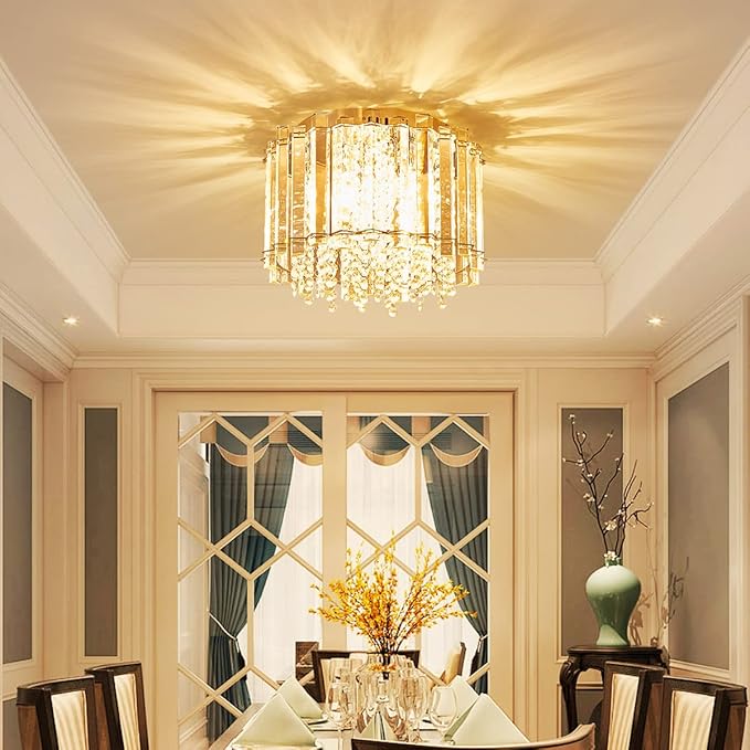 AGV LIGHTING CL026 K9 Crystal Ceiling Light Fixture, Flush Mount, Modern Design, D11 x H9.5, 4 x E12 Lights, Perfect for Living Room, Chrome Finish