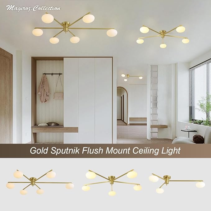 3-Light Flush Mount Sputnik Ceiling Light Fixture,Gold Brass Chandelier Mid Century Modern,Family Dining Table Lighting,Bedroom Kitchen Island Living Room MCL03-GD