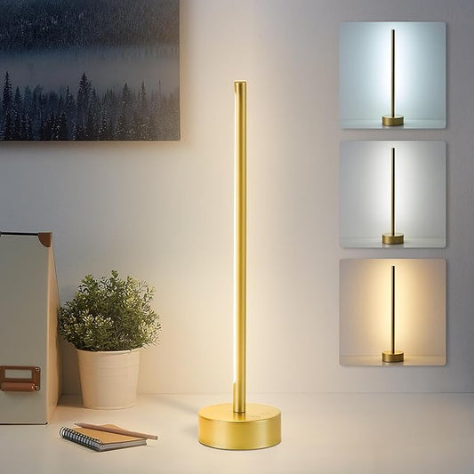 KARTOOSH Cordless LED Table Lamp, Battery Operated Portable Desk Lamp,Dimmable/3 Color/Memory Function,Modern Rechargeable Table Light for Living Room,Bedroom,Bedside,Gold