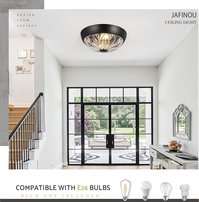 Black Semi Flush Mount Ceiling Light, 2-Light Modern Farmhouse Close to Ceiling Light Fixture, Aluminum Glass Indoor Outdoor Ceiling Lamp for Bedroom Kitchen Hallway