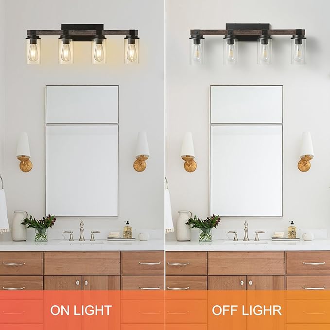 Farmhouse Bathroom Vanity Light 4 Light Sconces Wall Lighting Wood Rustic Bathroom Light Fixtures Over Mirror Vintage Industrial Wooden Black Vanity Light for Bedroom Hallway Kitchen