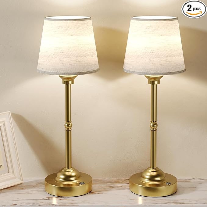CHLORANTHUS 2 Pack Cordless Table Lamps, 3 Colors Stepless Dimming Fabric Desk Lamp, 6000mAh Rechargeable Battery LED Desk Lamp, Touch Night Light for Bedroom, Dining, Desk, Cafe