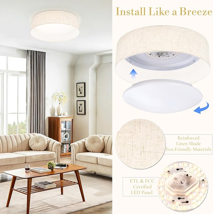 Hamilyeah16 inch LED Flush Mount Ceiling Light Fixture Set of 2, Dimmable Ceiling Light with Fabric Shade 36W 5CCT, Drum Light Fixture Ceiling Mount for Bedroom, Bathroom, Living Room, Kitchen