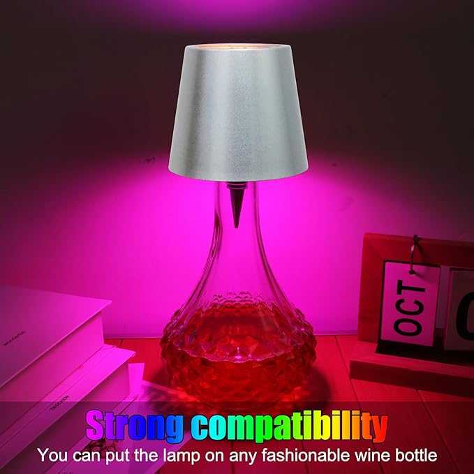 Wireless Bottle Lamp with Remote Control, Rechargeable RGB Wine Bottle with 3Modes Light Dimming, Waterproof Bottle Touch Lamp Head for Room, Bar, Restaurant and Party Decorations(Silver RGB)