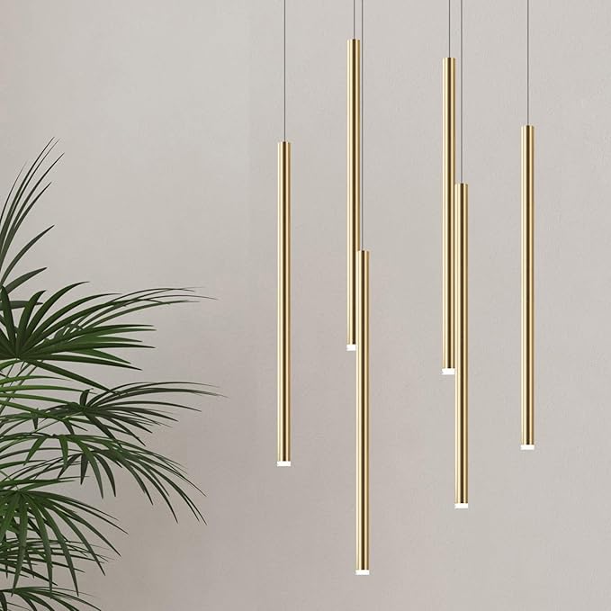CANALIS 6 Mini Pendant Lighting Brass - LED Hanging Light Fixture for Kitchen Island, Bar, Foyer - Cluster Pendants - Dimmable, Adjustable Wire, Lamp Bulb Included
