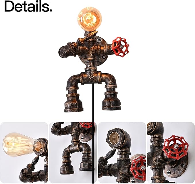Industrial Plug in Wall Light E26 Base Edison Wire Retro Style Vintage Wall Lights with 5.9Ft Adjustable Plug in Cord Rustic Wall Sconce Fixture for Headboard Bedroom Porch - Robot