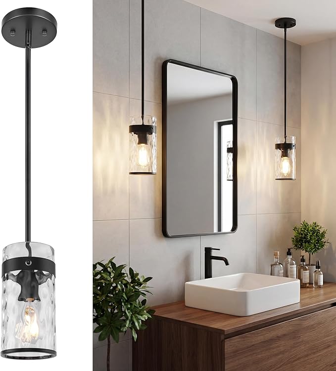 AUTELO Black Pendant Light, 1-Light Kitchen Island Pendant Lighting with Hammered Glass Shade, Industrial Hanging Ceiling Fixture with Adjustable Rods for Dining Room, Bar, Entryway, H-2529 HMBK