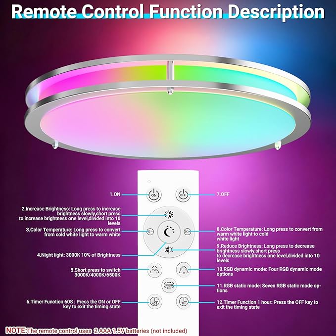libtit 13 Inch RGB Flush Mount Ceiling Lights with Remote, 24W 3000K-6500K&Dimmable, LED Light Fixture with Nightlight and Timer for Bedroom Livingroom Bathroom- Brushed Nickel
