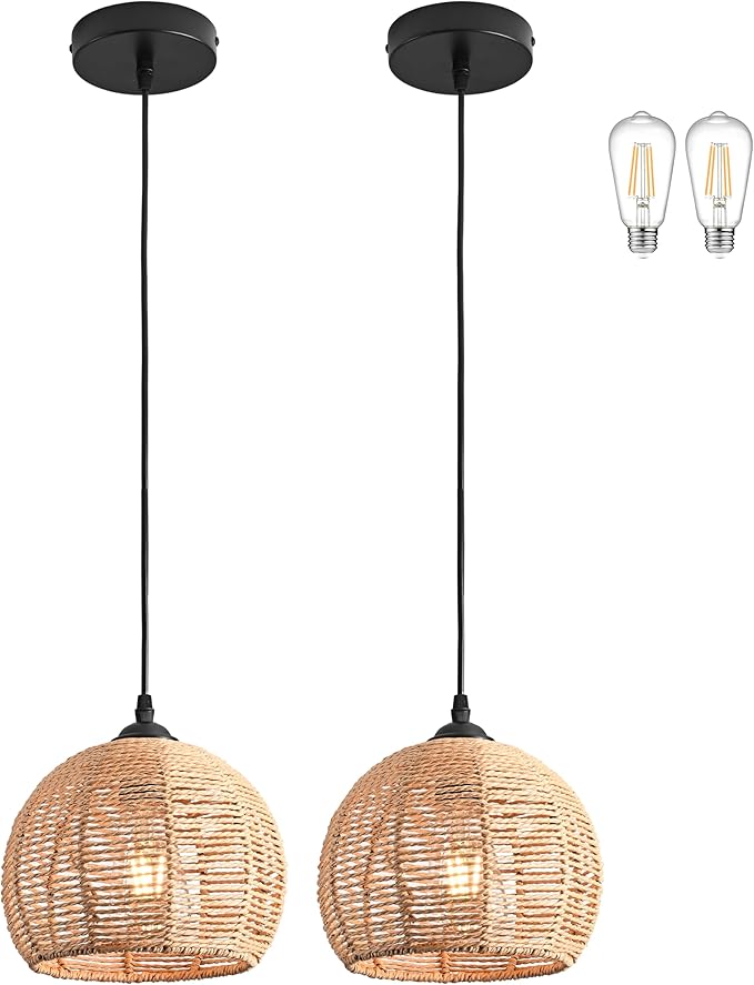 2 Pack Wicker Pendant Light Natural Woven Pendant Light Boho Chandelier Light Fixture Dome Rustic Farmhouse Pendant Lights Rattan Light Fixture for Kitchen Island Dining Room (Bulb Incl.)