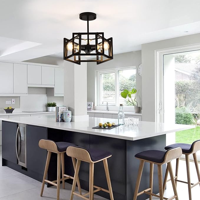Semi Flush Mount Ceiling Light Fixture,3-Light Black Light fixtures Kitchen Ceiling Light Fixture for Hallway Kitchen Bedroom Living Room Bathroom Entrance