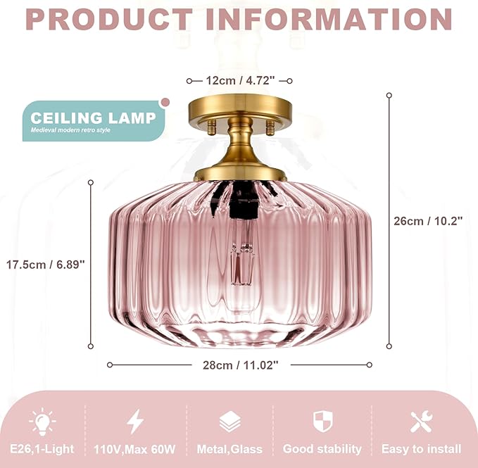 Pink Close to Ceiling Light Hallway Light Fixtures Vintage Antique Brass Ceiling Lamp with 11.02" Stripes Glass Shade Schoolhouse Flush Mount Ceiling Light for Closet Entryway Shower Light
