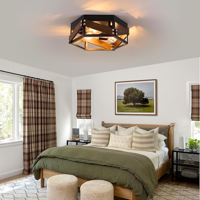 Farmhouse Flush Mount Ceiling Light, 3-Light Hallway Lights with Metal and Wood, Industrial Kitchen Light Fixtures Ceiling Mount, Rustic Black Chandelier for Bedroom Living Room Bathroom