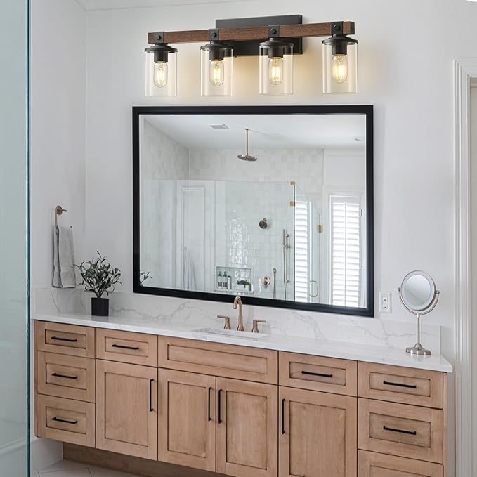 Bathroom Vanity Light Fixtures 4 lights, Wooden Farmhouse Vanity Lights Rustic Bathroom Lights over Mirror with Clear Glass Shade Black Industrial Wall Sconce for Bathroom Bedroom Hallway Kitchen
