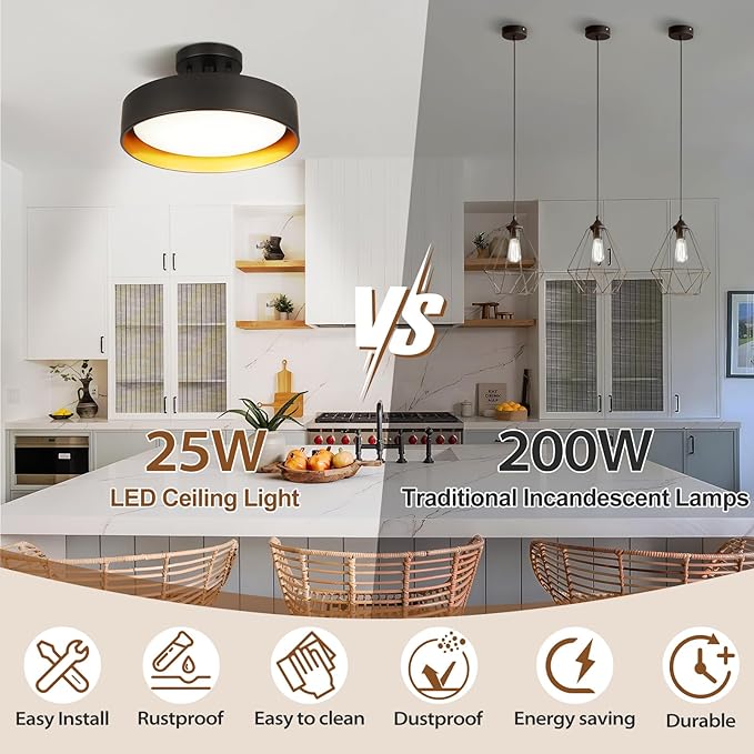 SunRider Industrial Semi Flush Mount LED Ceiling Light Fixture, 12 Inch 25W 2000LM, 4000K Neutral White, Dimmable Pendant Lamp for Hallway Bedroom