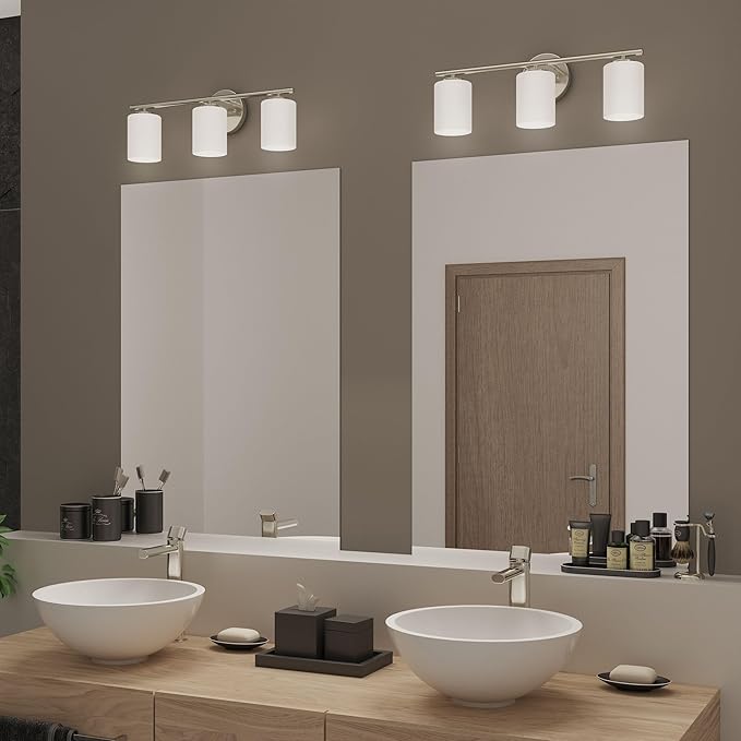 Replay Collection 3-Light Etched White Glass Modern Bath Vanity Light Brushed Nickel