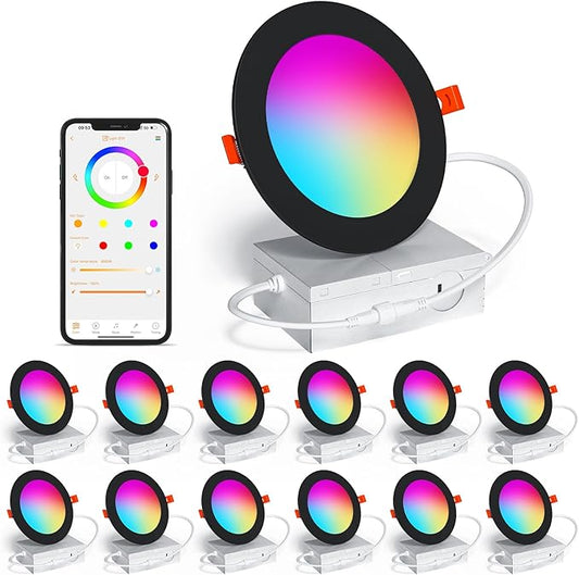SikSog Smart Recessed Lighting 4 Inch RGBCW Color Changing 12W LED Downlight with Junction Box,1080 Lumen Recessed Ceiling Light Compatible with Alexa,Dimmable by Bluetooth Control -12Pack
